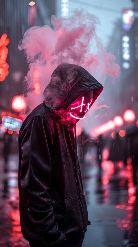A boy wearing black hoodie with glowing neon smile face mask, surrounded by pink smoke and blue light in the dark background (219)