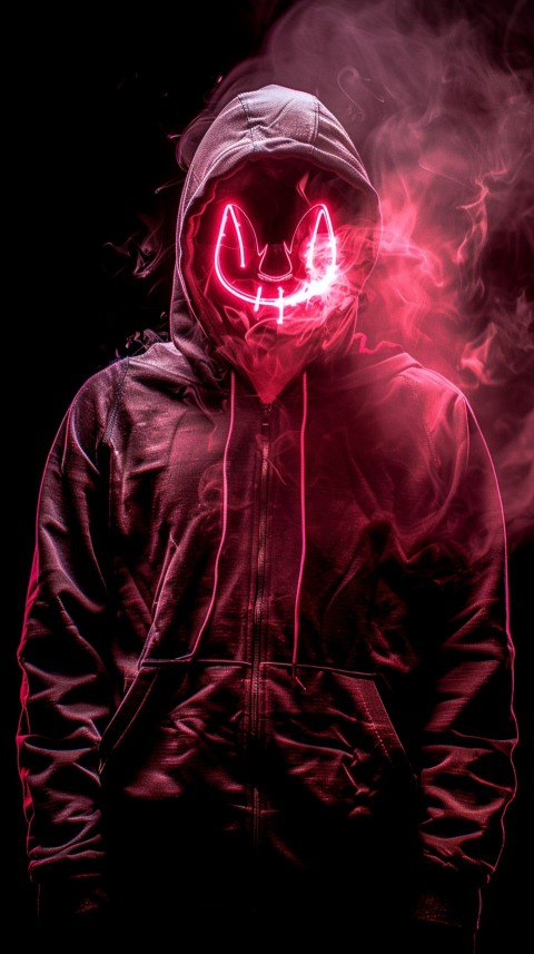 A boy wearing black hoodie with glowing neon smile face mask, surrounded by pink smoke and blue light in the dark background (249)