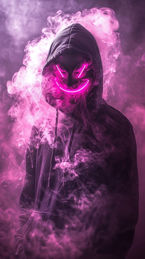 A boy wearing black hoodie with glowing neon smile face mask, surrounded by pink smoke and blue light in the dark background (218)