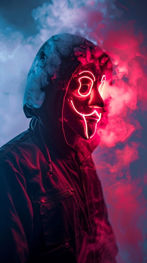 A boy wearing black hoodie with glowing neon smile face mask, surrounded by pink smoke and blue light in the dark background (236)