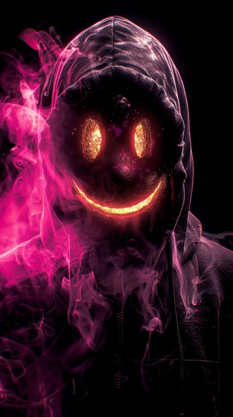 A boy wearing black hoodie with glowing neon smile face mask, surrounded by pink smoke and blue light in the dark background (233)