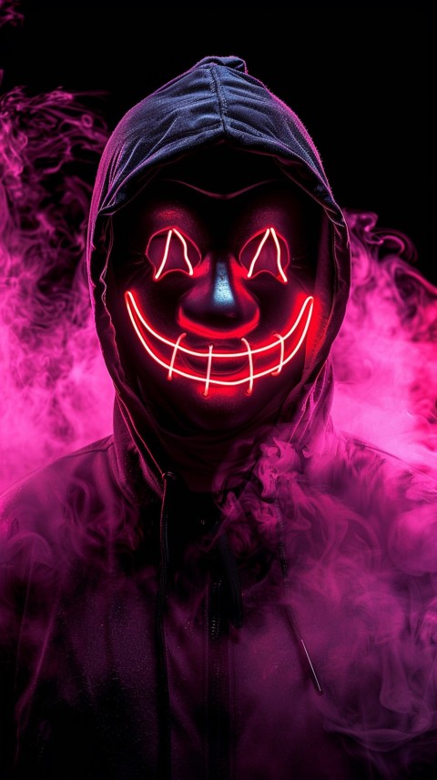 A boy wearing black hoodie with glowing neon smile face mask, surrounded by pink smoke and blue light in the dark background (237)