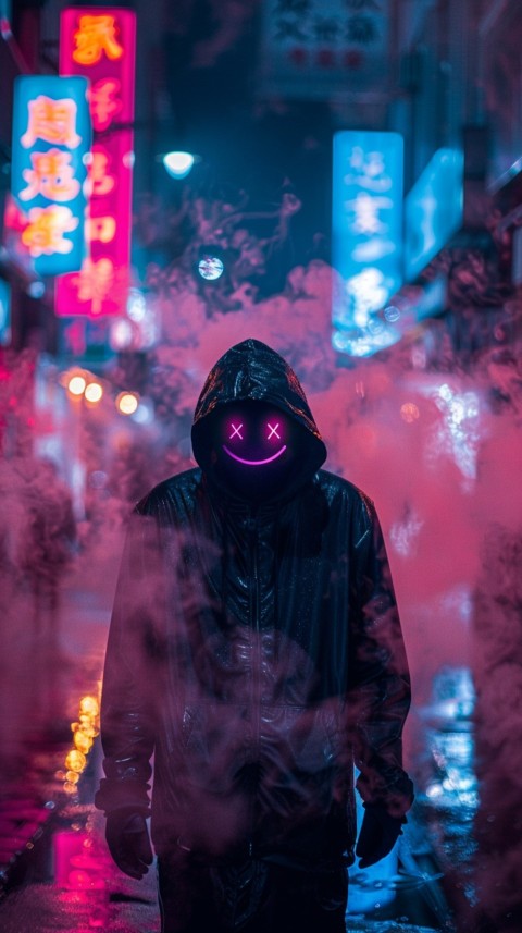 A boy wearing black hoodie with glowing neon smile face mask, surrounded by pink smoke and blue light in the dark background (221)