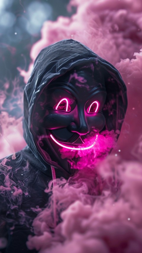 A boy wearing black hoodie with glowing neon smile face mask, surrounded by pink smoke and blue light in the dark background (234)