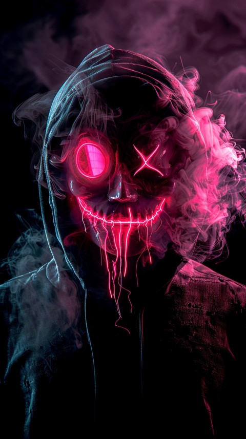 A boy wearing black hoodie with glowing neon smile face mask, surrounded by pink smoke and blue light in the dark background (247)
