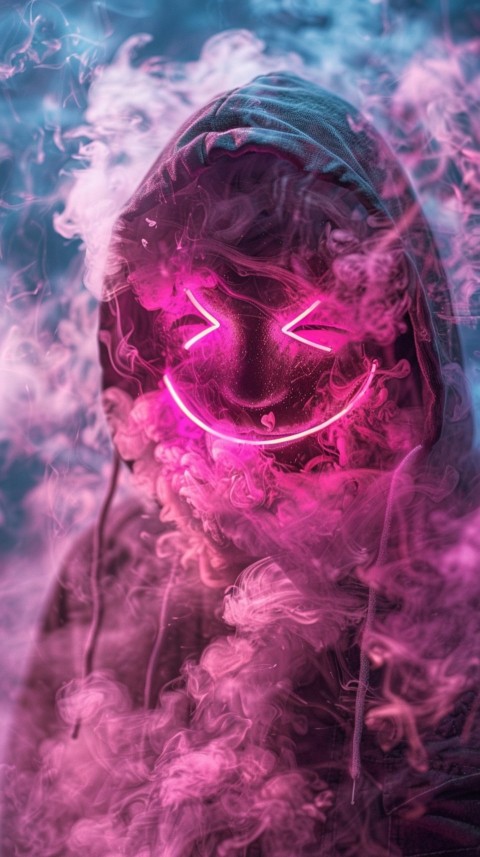 A boy wearing black hoodie with glowing neon smile face mask, surrounded by pink smoke and blue light in the dark background (213)