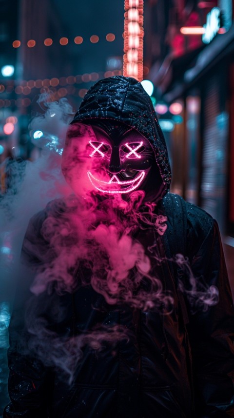 A boy wearing black hoodie with glowing neon smile face mask, surrounded by pink smoke and blue light in the dark background (220)
