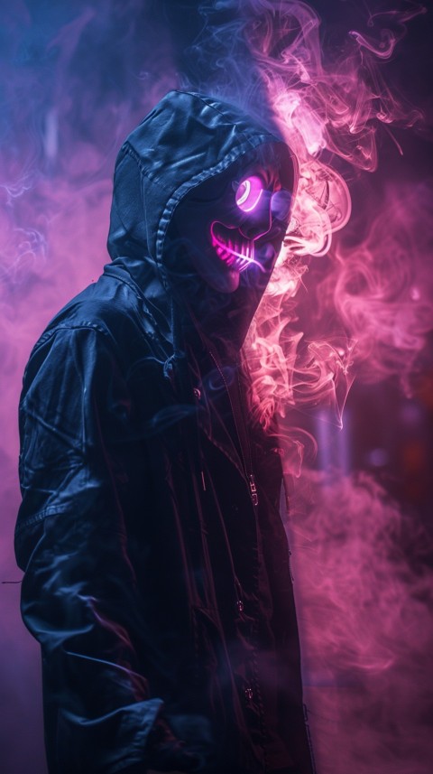 A boy wearing black hoodie with glowing neon smile face mask, surrounded by pink smoke and blue light in the dark background (205)