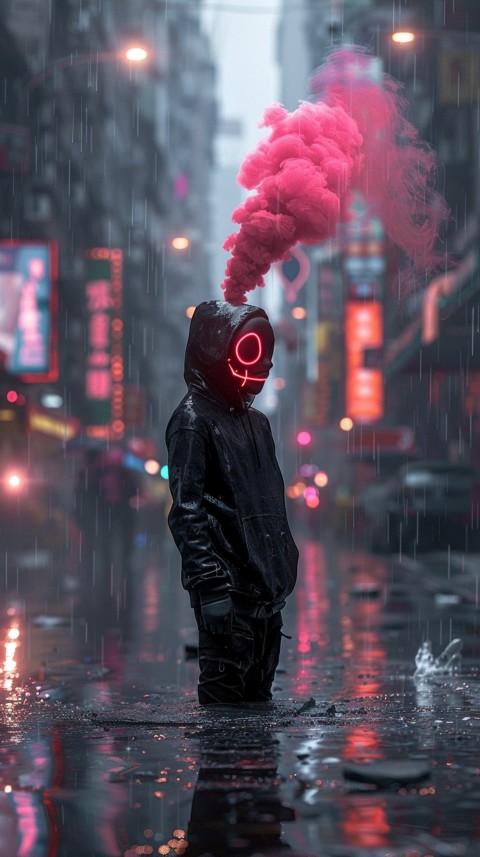 A boy wearing black hoodie with glowing neon smile face mask, surrounded by pink smoke and blue light in the dark background (201)