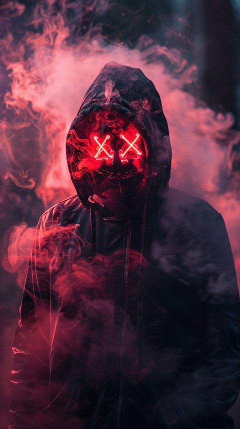 A boy wearing black hoodie with glowing neon smile face mask, surrounded by pink smoke and blue light in the dark background (248)