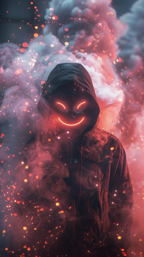 A boy wearing black hoodie with glowing neon smile face mask, surrounded by pink smoke and blue light in the dark background (216)