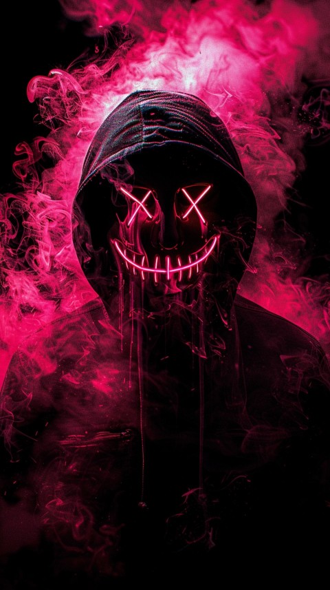 A boy wearing black hoodie with glowing neon smile face mask, surrounded by pink smoke and blue light in the dark background (206)