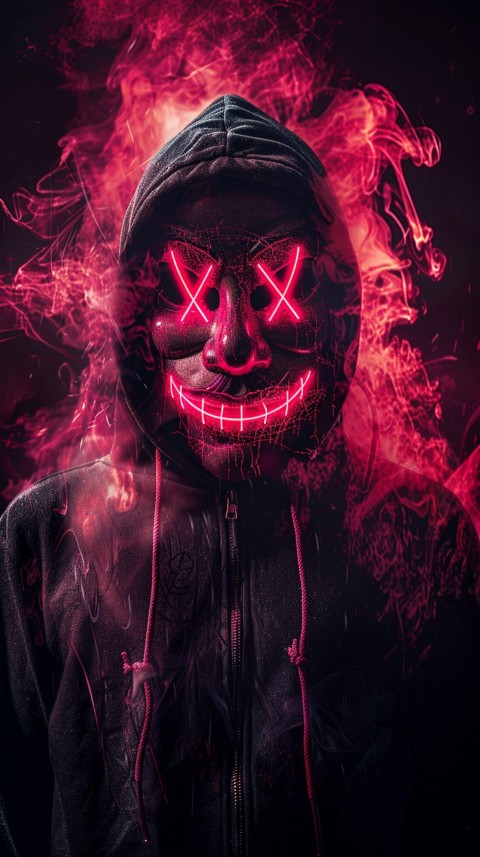 A boy wearing black hoodie with glowing neon smile face mask, surrounded by pink smoke and blue light in the dark background (207)