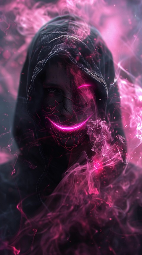 A boy wearing black hoodie with glowing neon smile face mask, surrounded by pink smoke and blue light in the dark background (239)