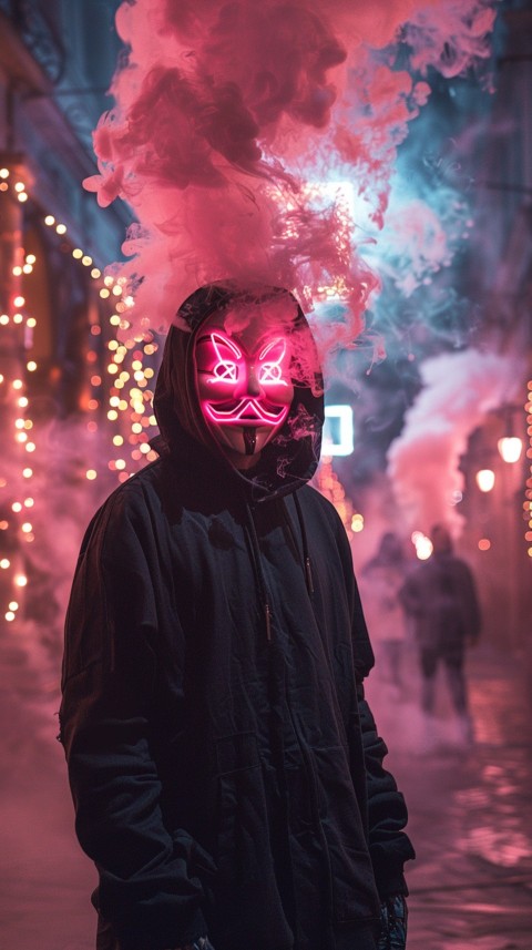 A boy wearing black hoodie with glowing neon smile face mask, surrounded by pink smoke and blue light in the dark background (241)