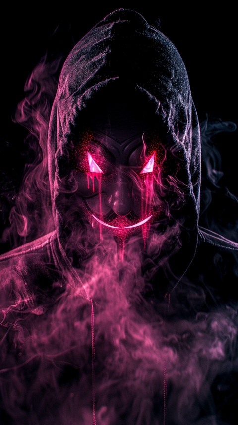 A boy wearing black hoodie with glowing neon smile face mask, surrounded by pink smoke and blue light in the dark background (231)