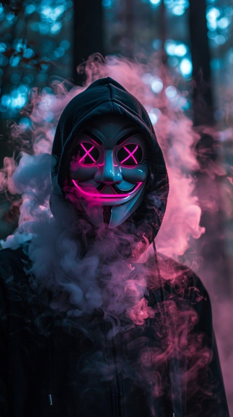 A boy wearing black hoodie with glowing neon smile face mask, surrounded by pink smoke and blue light in the dark background (243)