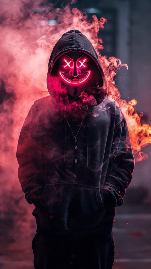 A boy wearing black hoodie with glowing neon smile face mask, surrounded by pink smoke and blue light in the dark background (244)