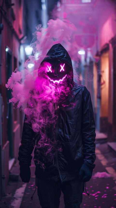 A boy wearing black hoodie with glowing neon smile face mask, surrounded by pink smoke and blue light in the dark background (202)