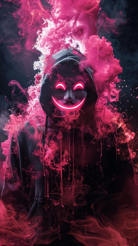 A boy wearing black hoodie with glowing neon smile face mask, surrounded by pink smoke and blue light in the dark background (225)