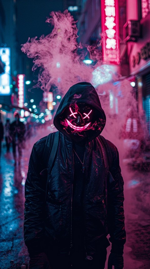 A boy wearing black hoodie with glowing neon smile face mask, surrounded by pink smoke and blue light in the dark background (223)