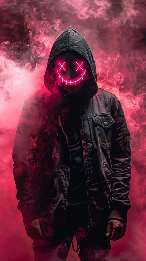 A boy wearing black hoodie with glowing neon smile face mask, surrounded by pink smoke and blue light in the dark background (274)