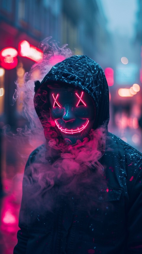 A boy wearing black hoodie with glowing neon smile face mask, surrounded by pink smoke and blue light in the dark background (254)