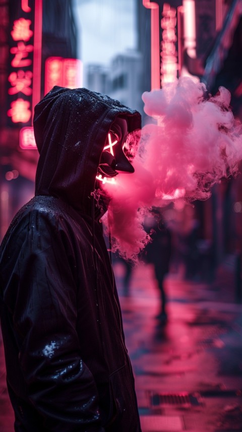 A boy wearing black hoodie with glowing neon smile face mask, surrounded by pink smoke and blue light in the dark background (295)
