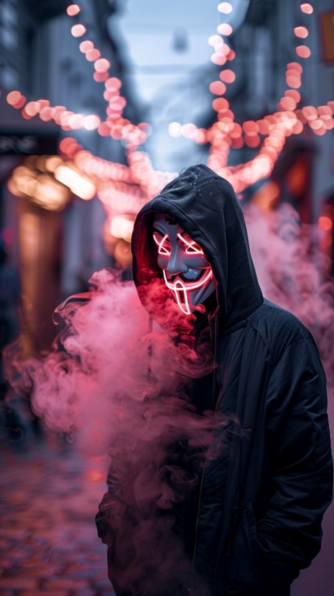 A boy wearing black hoodie with glowing neon smile face mask, surrounded by pink smoke and blue light in the dark background (272)