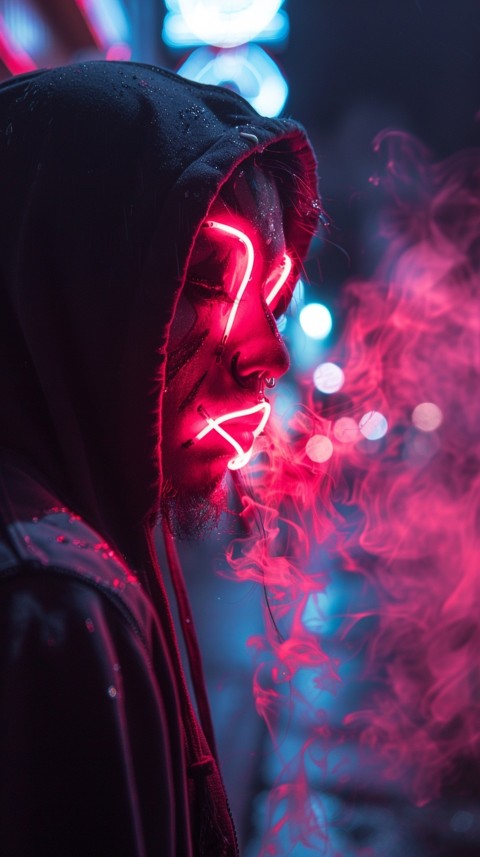 A boy wearing black hoodie with glowing neon smile face mask, surrounded by pink smoke and blue light in the dark background (281)