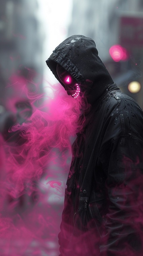 A boy wearing black hoodie with glowing neon smile face mask, surrounded by pink smoke and blue light in the dark background (297)
