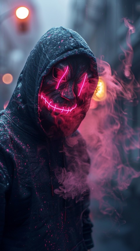 A boy wearing black hoodie with glowing neon smile face mask, surrounded by pink smoke and blue light in the dark background (273)