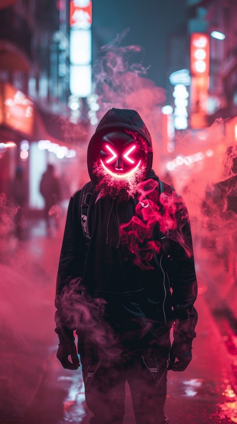 A boy wearing black hoodie with glowing neon smile face mask, surrounded by pink smoke and blue light in the dark background (266)