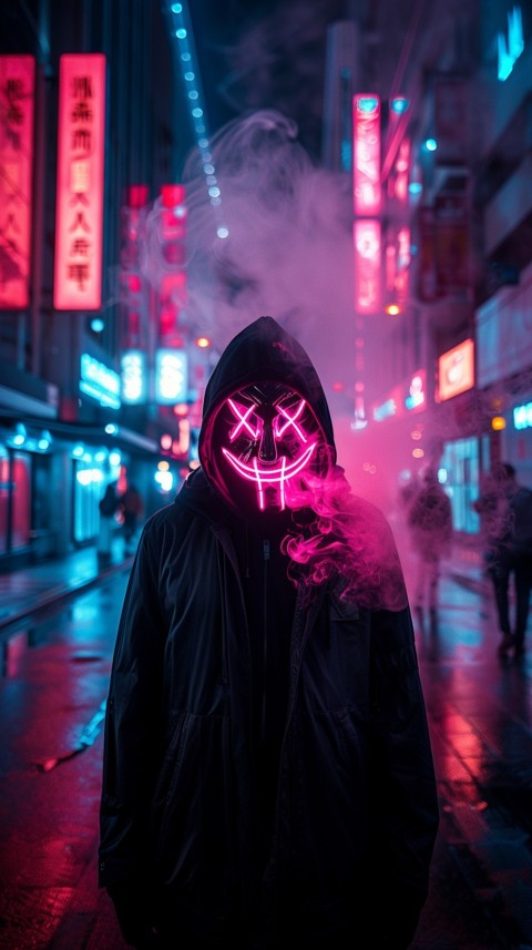 A boy wearing black hoodie with glowing neon smile face mask, surrounded by pink smoke and blue light in the dark background (285)