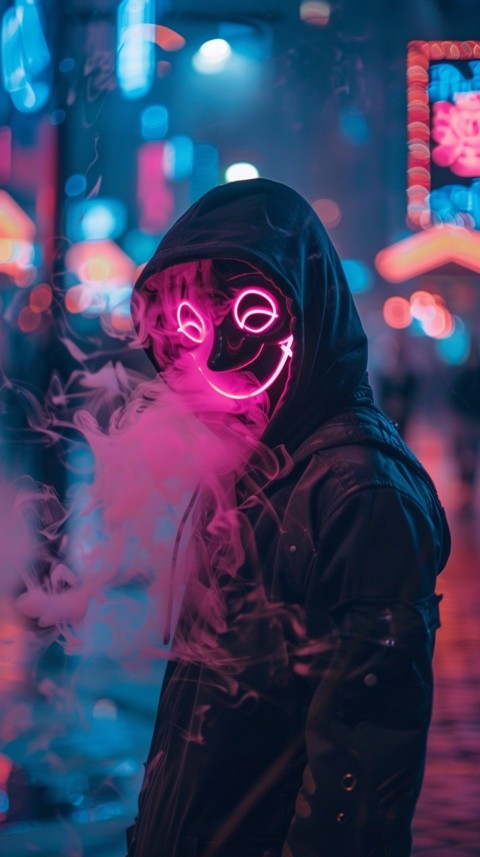 A boy wearing black hoodie with glowing neon smile face mask, surrounded by pink smoke and blue light in the dark background (290)