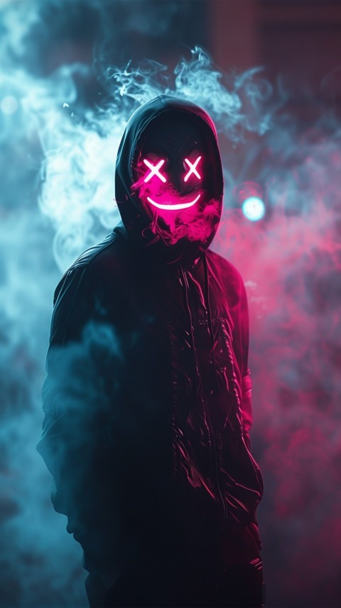 A boy wearing black hoodie with glowing neon smile face mask, surrounded by pink smoke and blue light in the dark background (269)