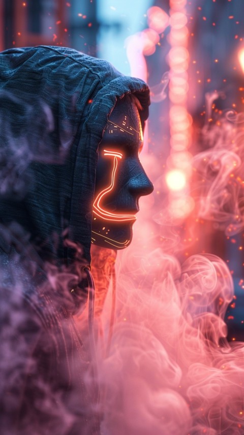A boy wearing black hoodie with glowing neon smile face mask, surrounded by pink smoke and blue light in the dark background (289)