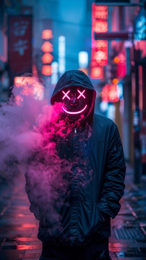 A boy wearing black hoodie with glowing neon smile face mask, surrounded by pink smoke and blue light in the dark background (267)