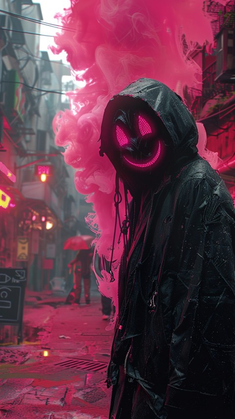 A boy wearing black hoodie with glowing neon smile face mask, surrounded by pink smoke and blue light in the dark background (265)