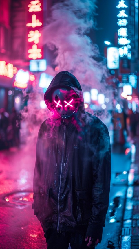 A boy wearing black hoodie with glowing neon smile face mask, surrounded by pink smoke and blue light in the dark background (288)