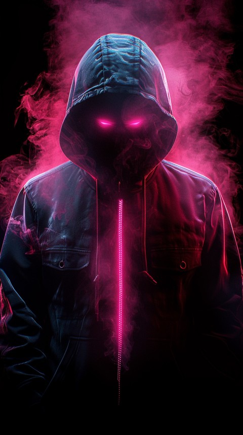 A boy wearing black hoodie with glowing neon smile face mask, surrounded by pink smoke and blue light in the dark background (255)