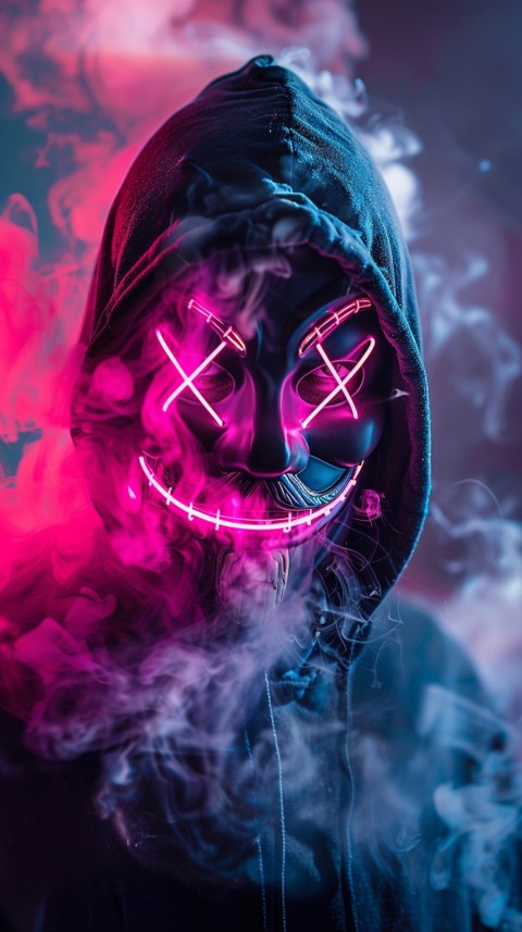 A boy wearing black hoodie with glowing neon smile face mask, surrounded by pink smoke and blue light in the dark background (270)