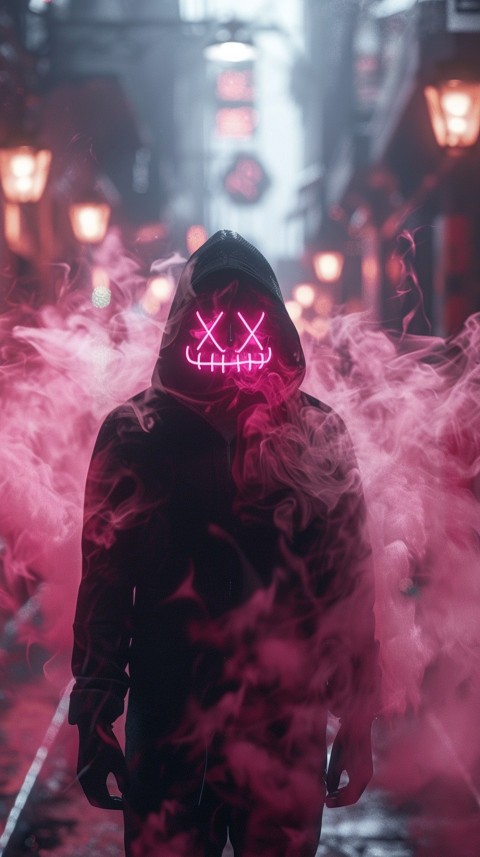 A boy wearing black hoodie with glowing neon smile face mask, surrounded by pink smoke and blue light in the dark background (263)