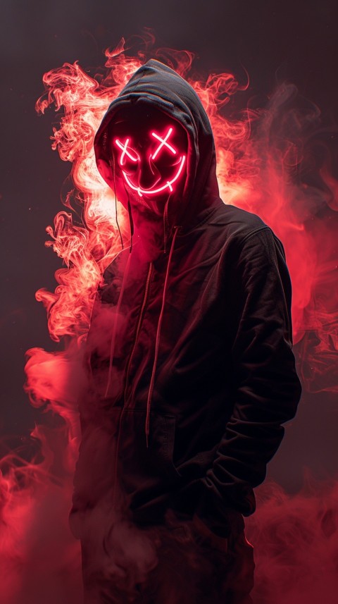A boy wearing black hoodie with glowing neon smile face mask, surrounded by pink smoke and blue light in the dark background (287)