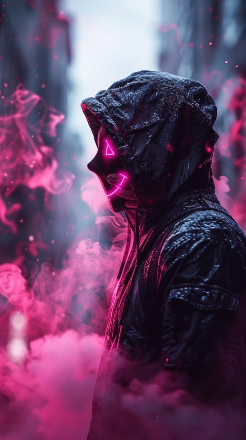 A boy wearing black hoodie with glowing neon smile face mask, surrounded by pink smoke and blue light in the dark background (293)