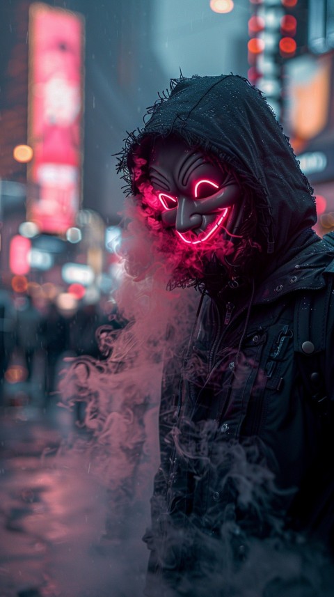 A boy wearing black hoodie with glowing neon smile face mask, surrounded by pink smoke and blue light in the dark background (299)