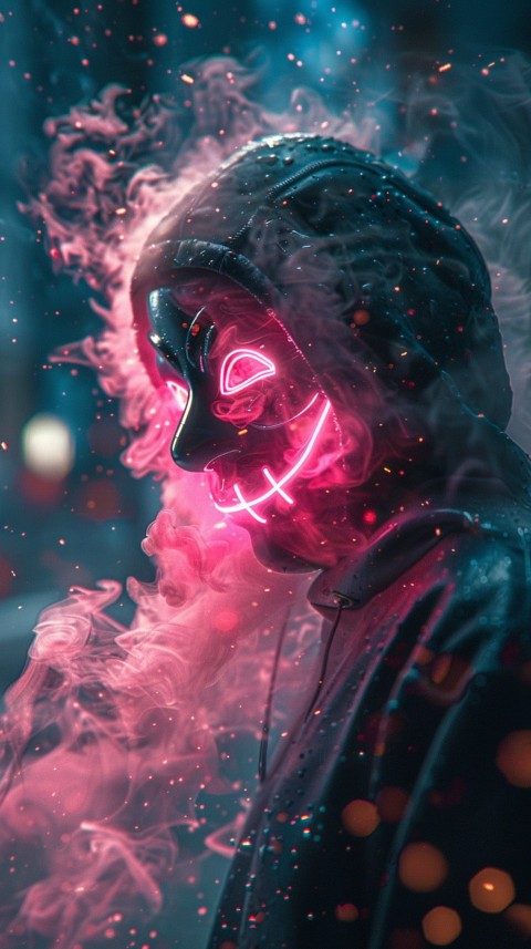 A boy wearing black hoodie with glowing neon smile face mask, surrounded by pink smoke and blue light in the dark background (253)