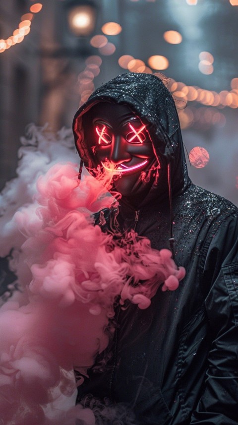 A boy wearing black hoodie with glowing neon smile face mask, surrounded by pink smoke and blue light in the dark background (256)