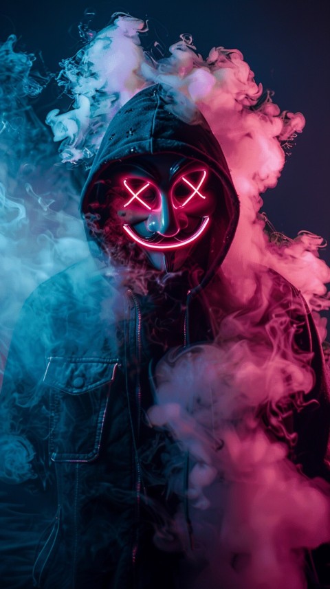 A boy wearing black hoodie with glowing neon smile face mask, surrounded by pink smoke and blue light in the dark background (262)