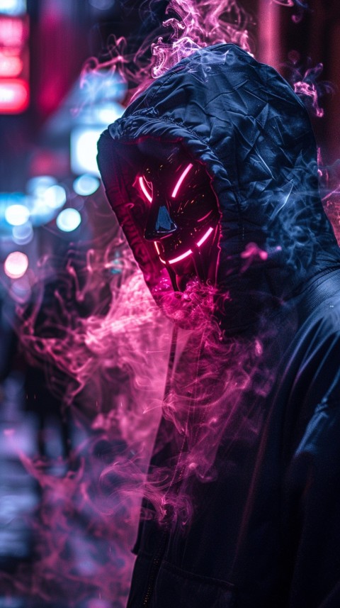 A boy wearing black hoodie with glowing neon smile face mask, surrounded by pink smoke and blue light in the dark background (291)